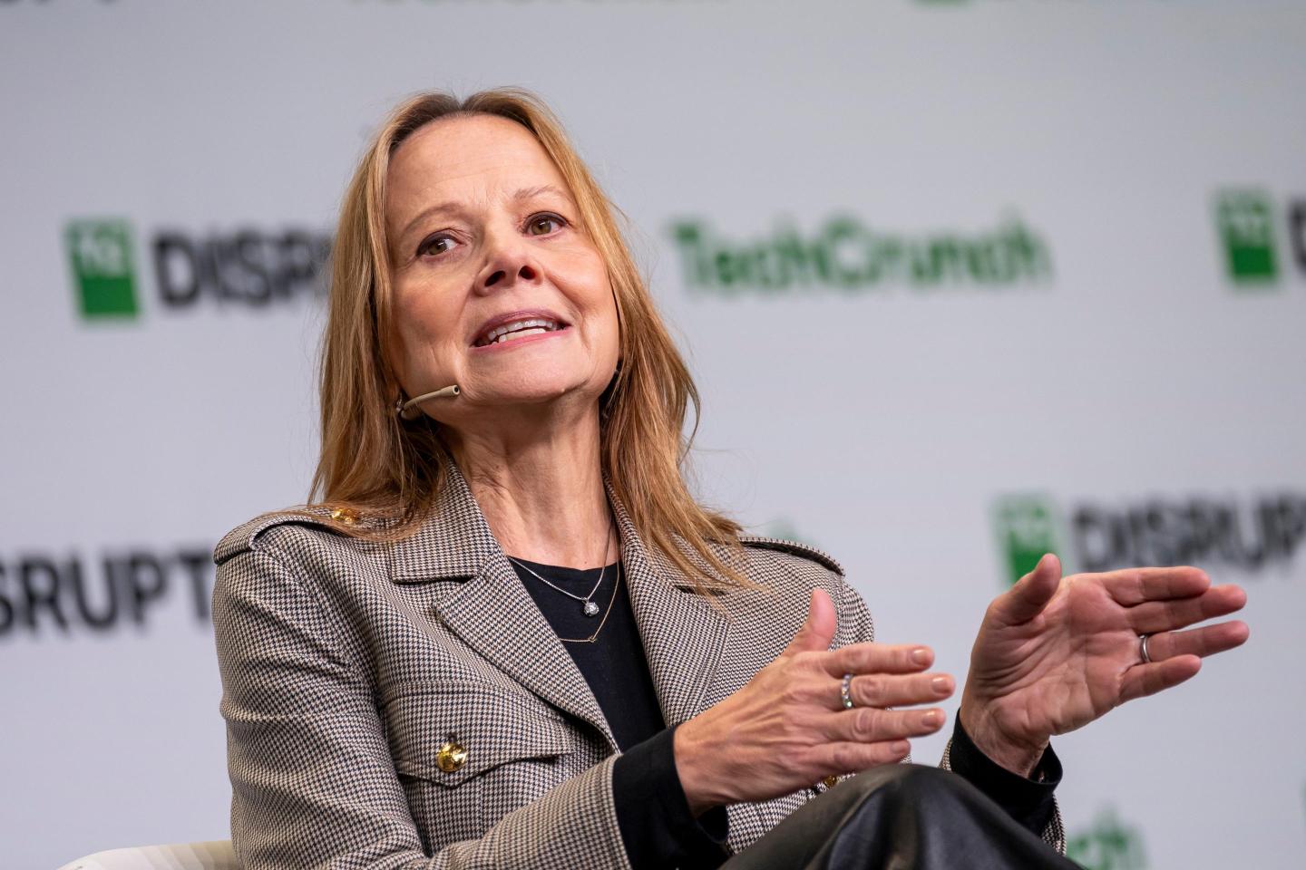 GM CEO Mary Barra speaks on stage during TechCrunch Disrupt