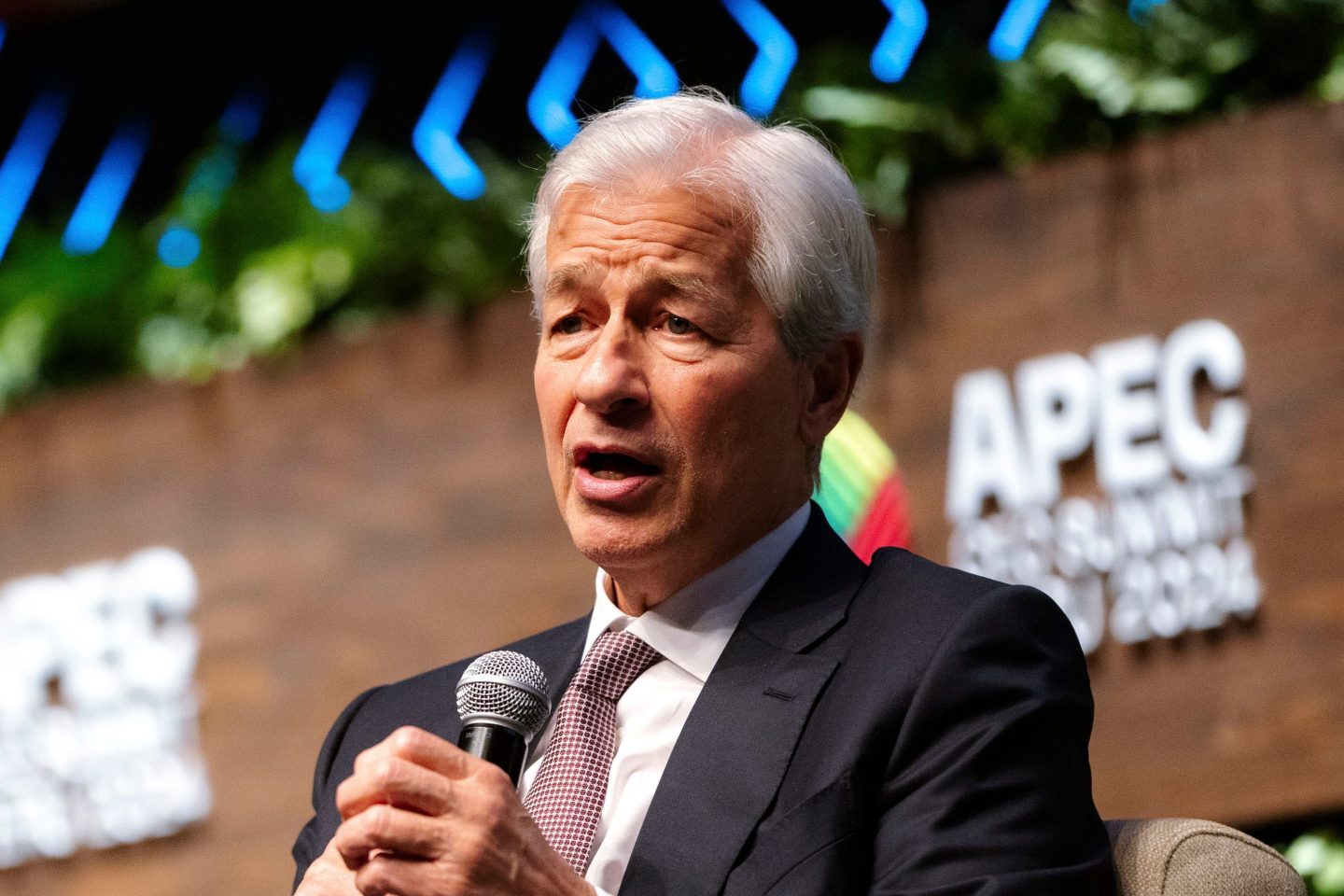 Jamie Dimon, chief executive officer of JPMorgan Chase & Co., speaks during the Asia-Pacific Economic Cooperation (APEC) CEO Summit in Lima, Peru, on Thursday, Nov. 14, 2024.