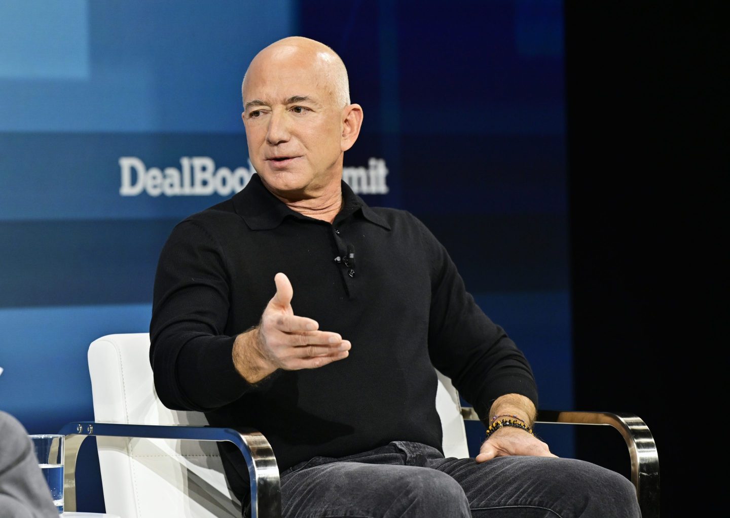 Amazon founder Jeff Bezos speaks onstage during The New York Times Dealbook Summit 2024 at Jazz at Lincoln Center on December 04, 2024 in New York City.