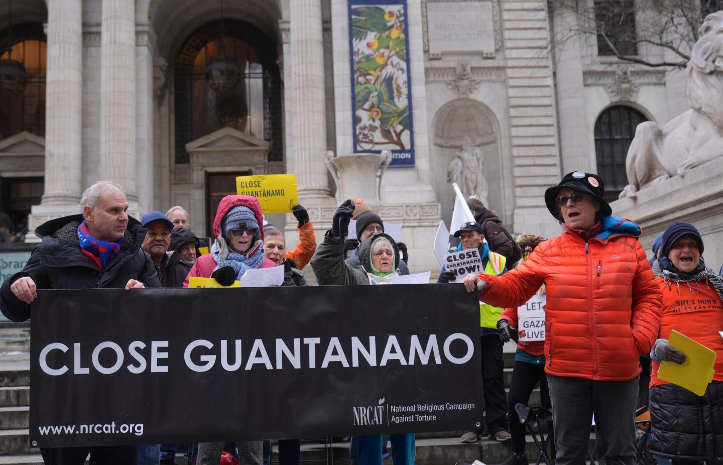 A group of peace activists gathered in front of the New York Public Library to protest the Guantanamo Bay detention camp