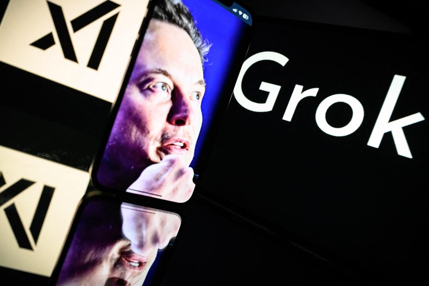 Collage of Elon Musk, the xAI logo, and the Grok logo