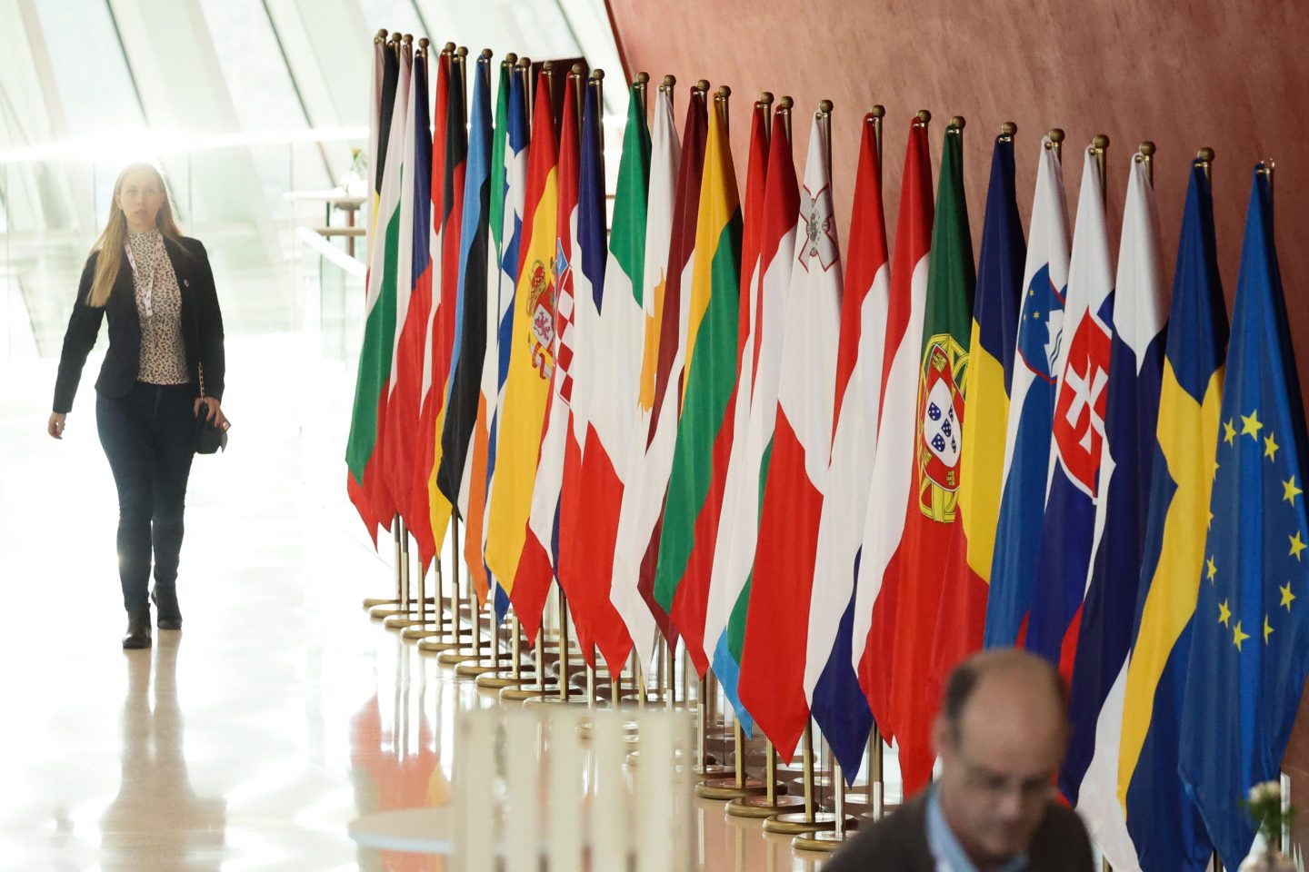 Flags of European Union countries are seen during 'The European Way Of Growth' conference organised as a part of the Polish presidency of the Council of the European Union, in Krakow, Poland on January 31, 2025.