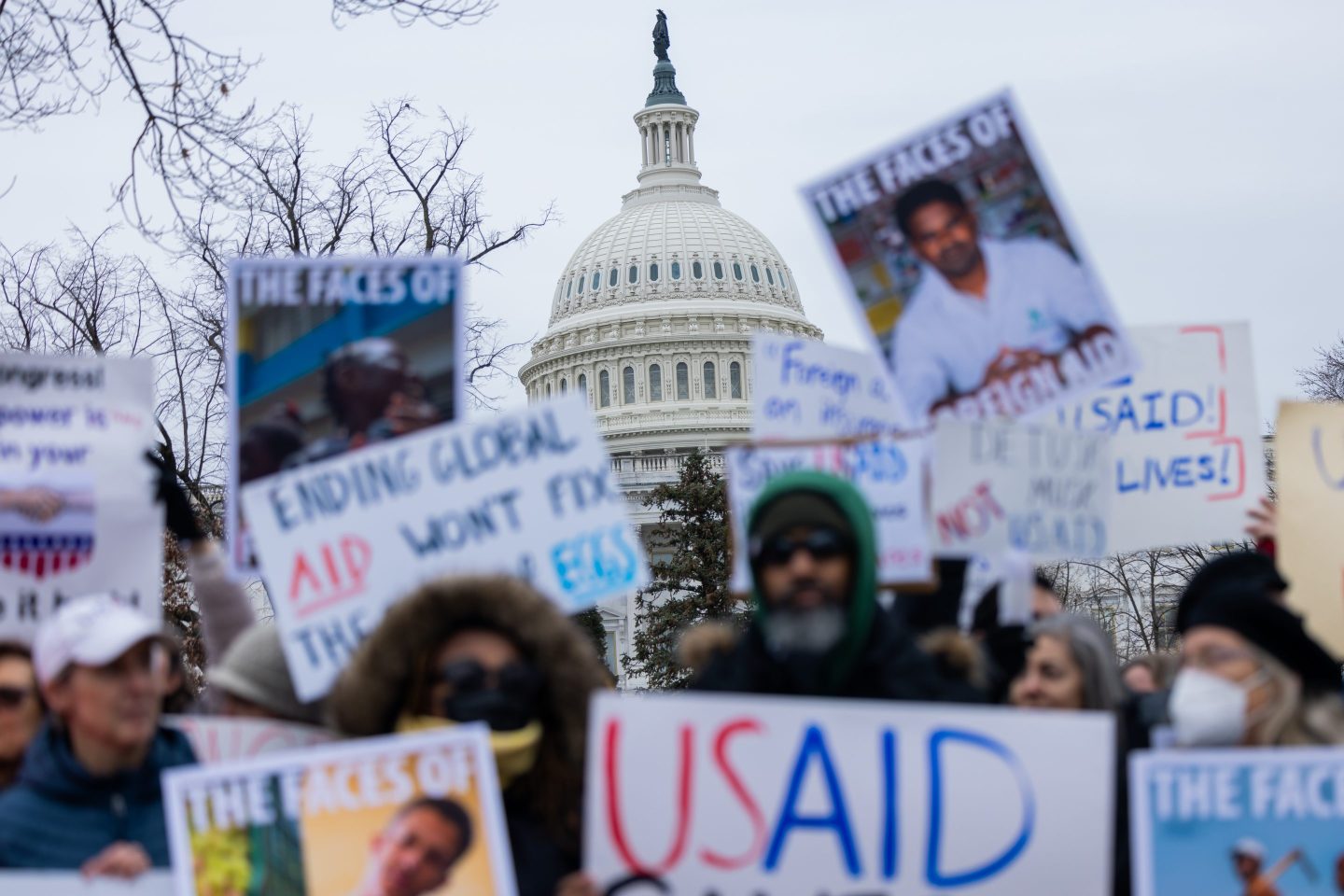 Protestors gather outside of the U.S. Capitol for a rally in support of USAID in Washington, DC on February 5, 2025. (Photo by Nathan Posner/Anadolu via Getty Images)
