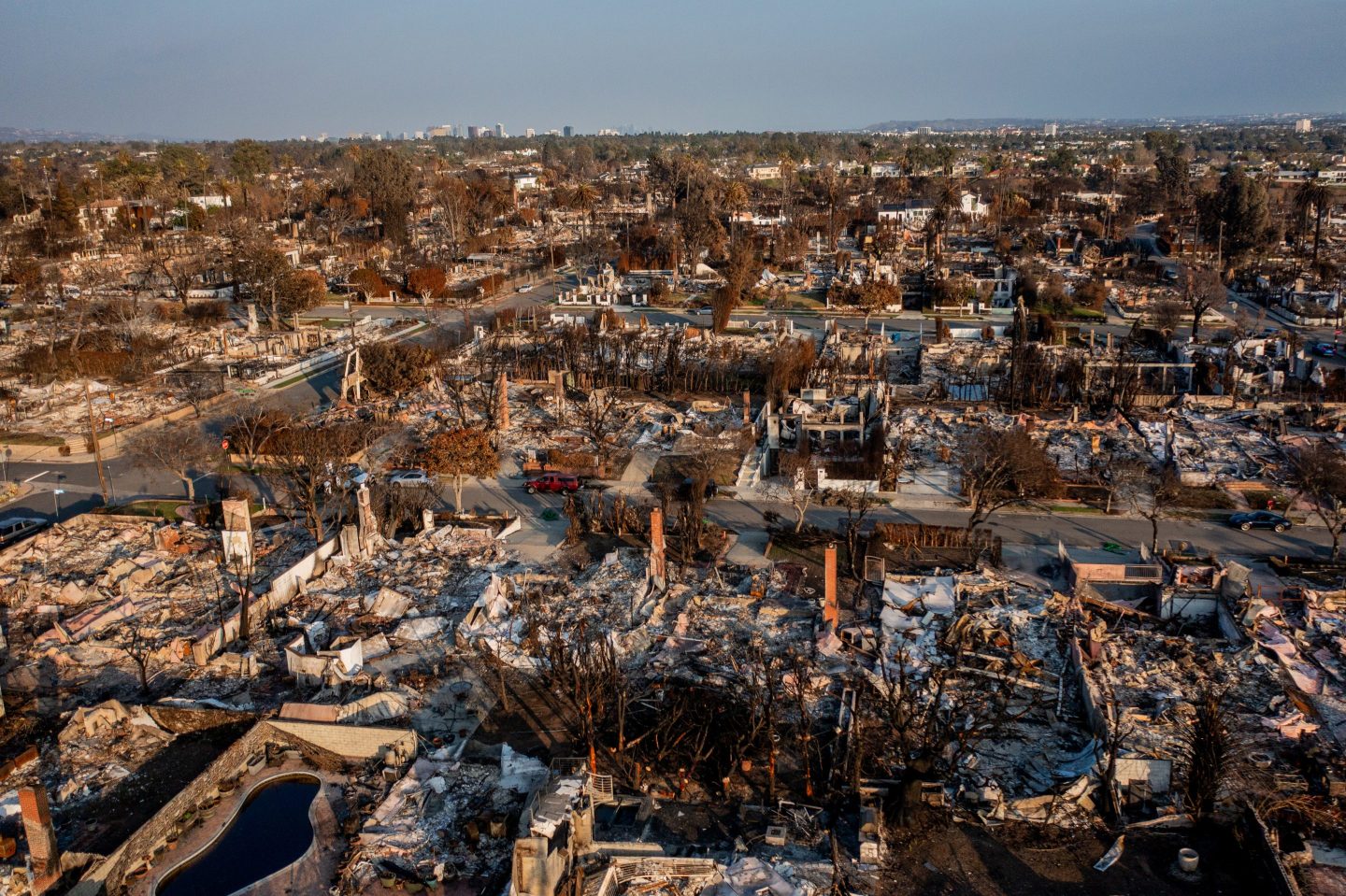 An aerial view of homes destroyed by wildfires in the Pacific Palisades area of Los Angeles, Jan. 30, 2025.
