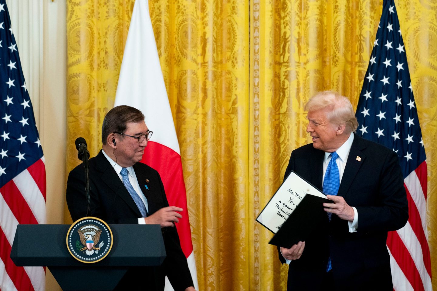 U.S. President Donald Trump and Shigeru Ishiba, Japan’s prime minister, during a news conference in the East Room of the White House on Feb. 7, 2025.