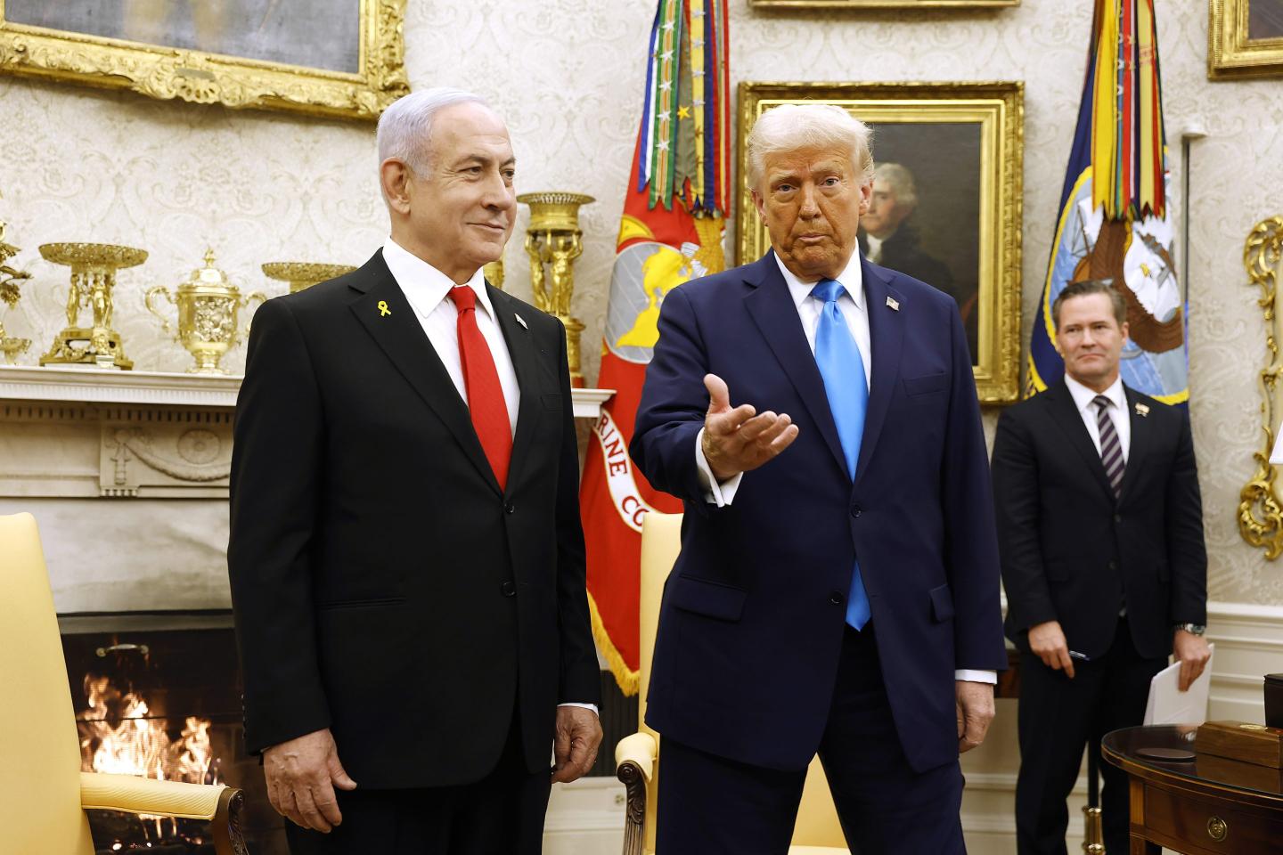 U.S. President Donald Trump, accompanied by Israeli Prime Minister Benjamin Netanyahu (L), speaks during a meeting in the Oval Office of the White House on February 04, 2025.