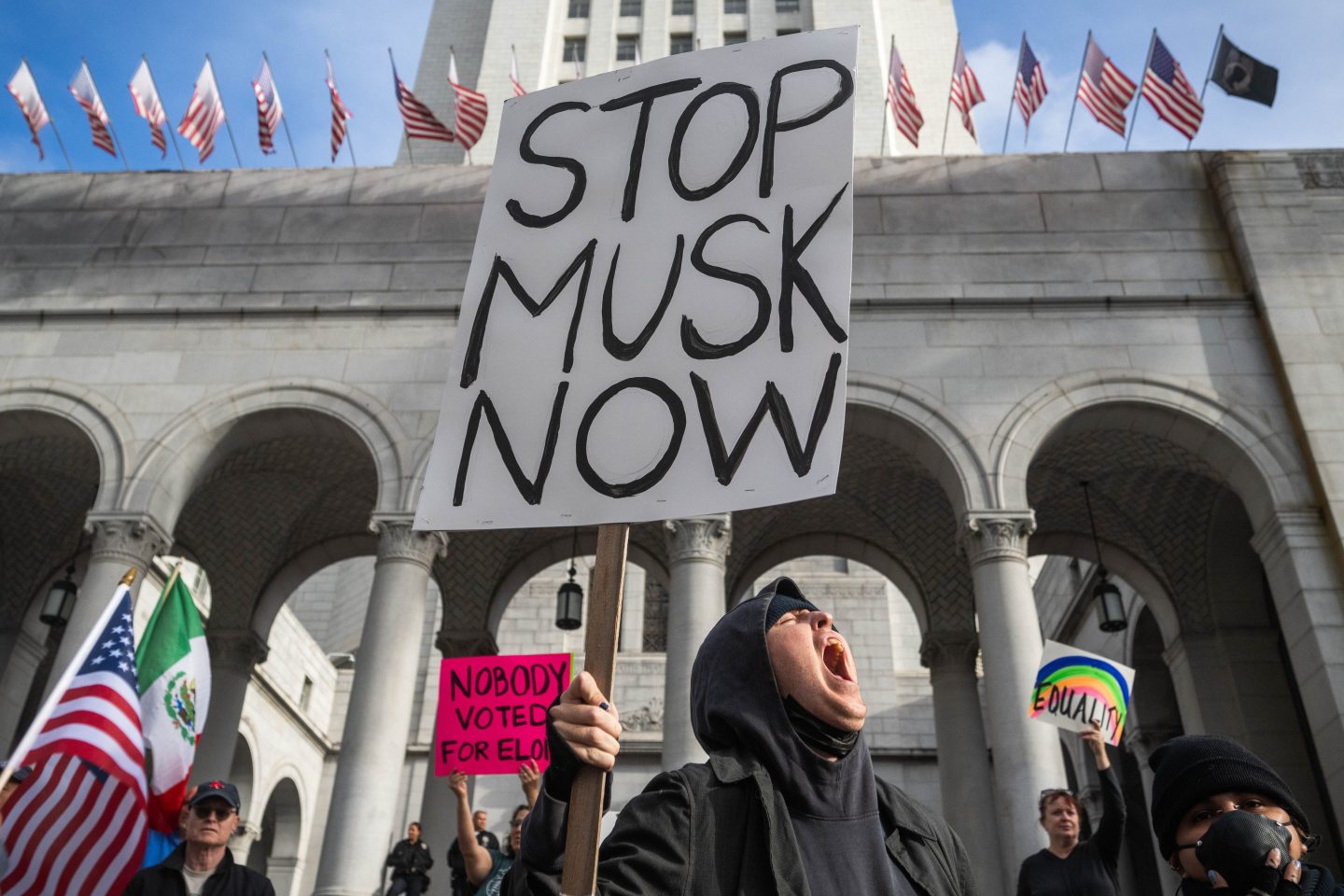 Protestors at Los Angeles City Hall on Jan. 31.