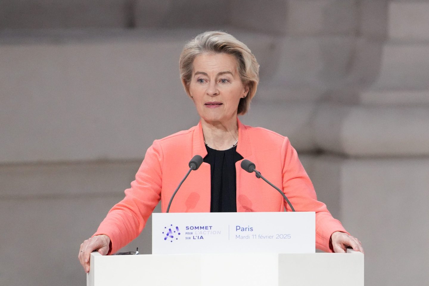 Von der Leyen (pictured) said the European funds would "top up" pledges announced Monday by a group of more than 60 European companies such as Airbus, Volkswagen and Mistral AI.