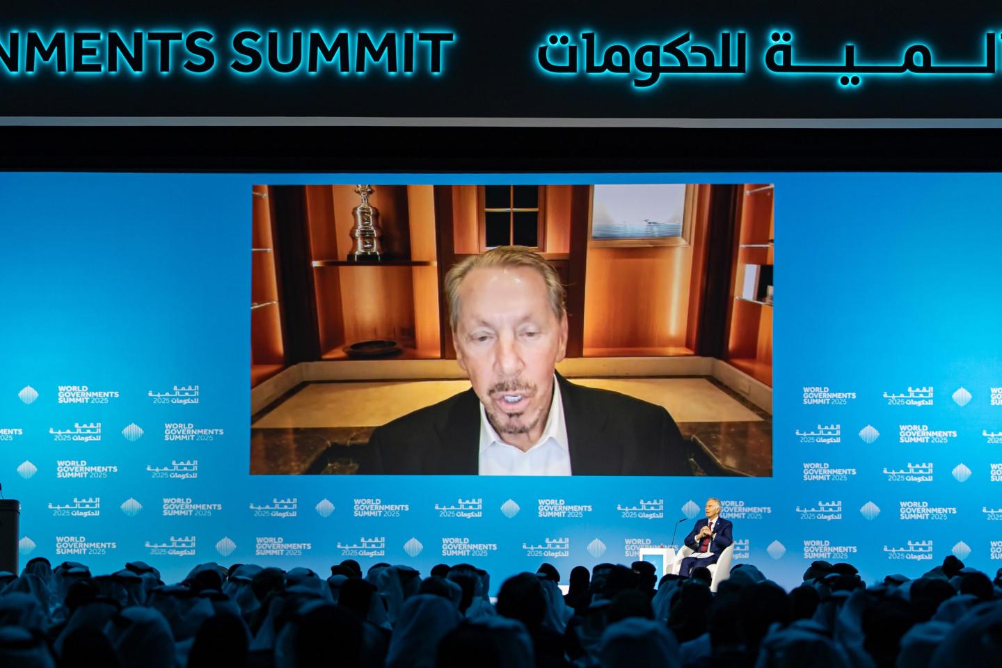Larry Ellison, executive chairman of Oracle, via video link, and Tony Blair, former U.K. prime minister, at the World Governments Summit in Dubai, on Feb. 12, 2025. 