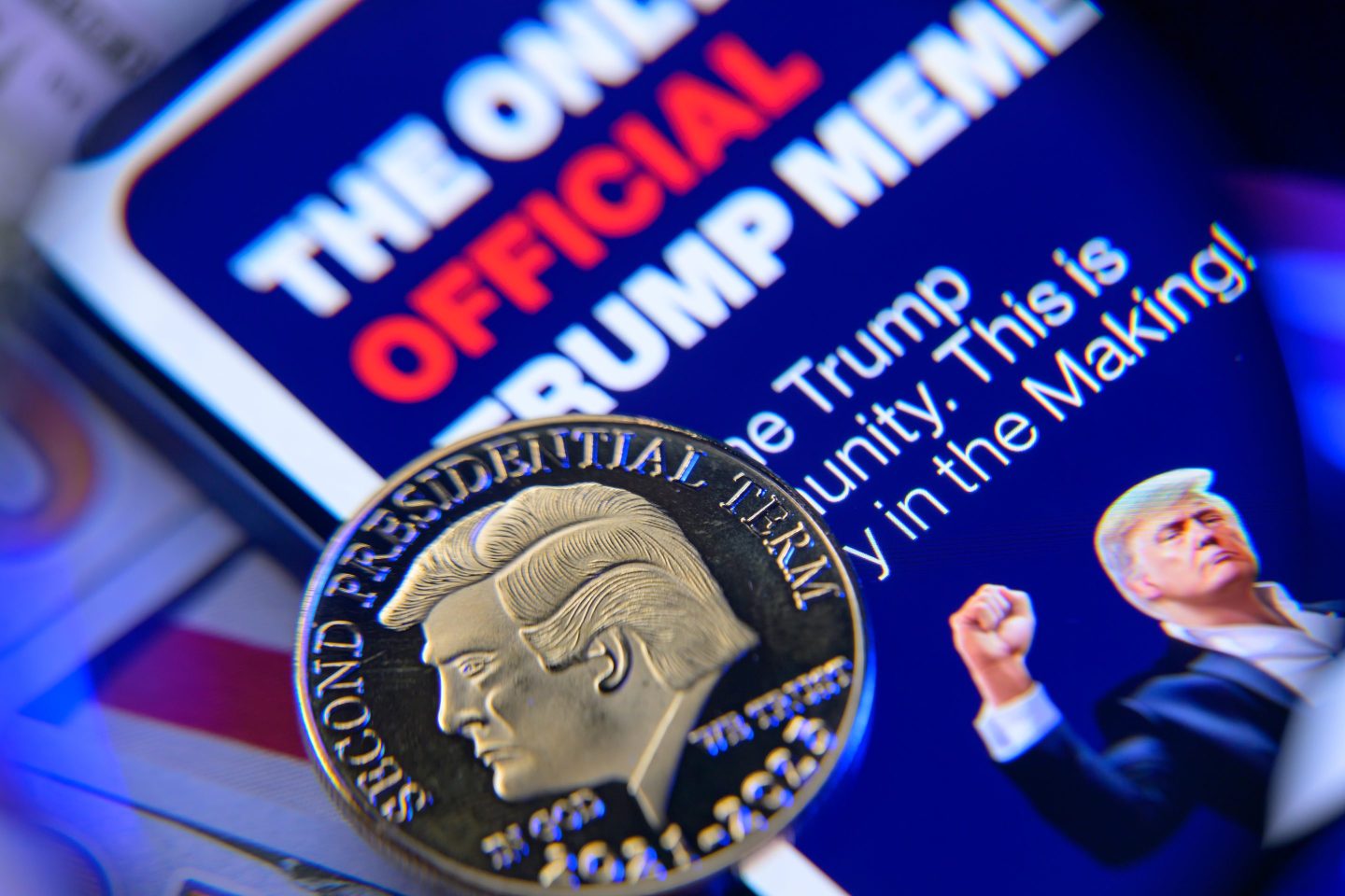 Trump meme coin illustration with pro-Trump signage in the background