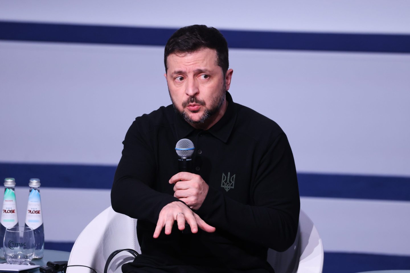Volodomyr Zelenskyy speaks on stage at the Munich Security Conference