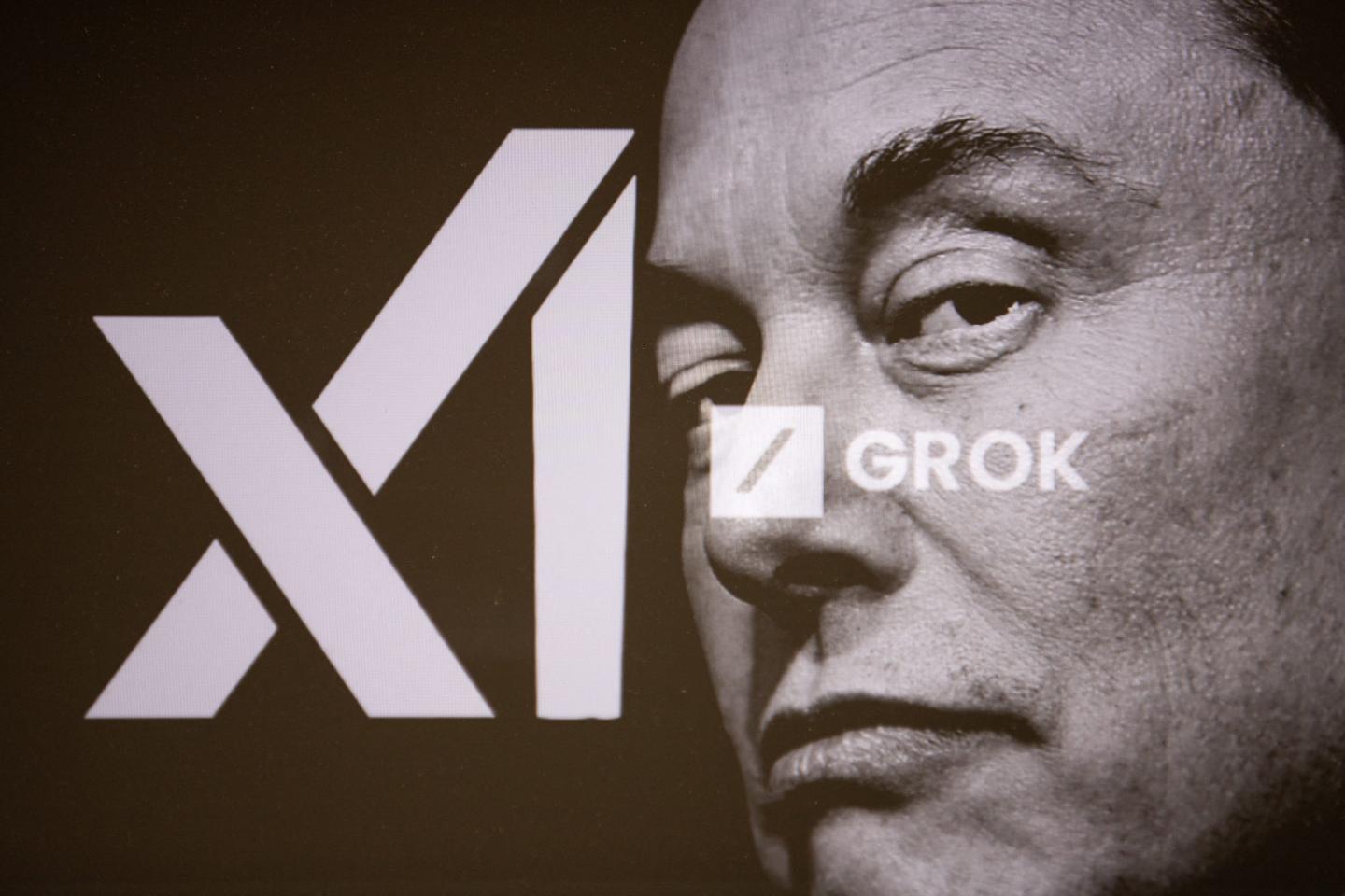 Elon Musk's face superimposed on the logo for his AI company xAI