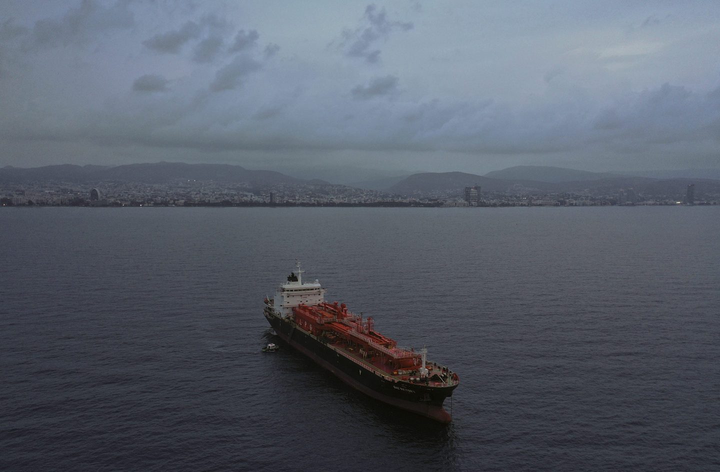An oil tanker sits in the ocean