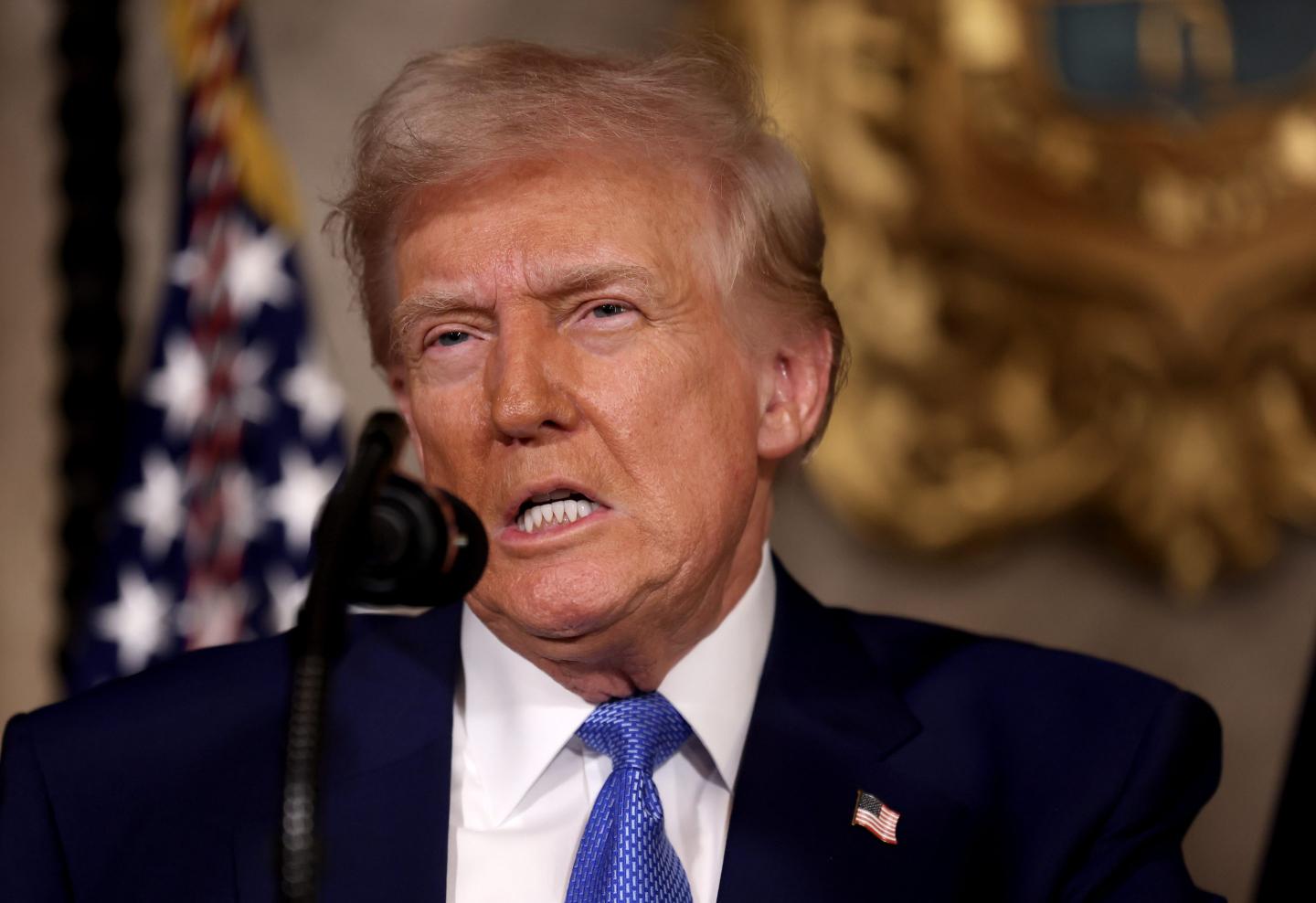 U.S. President Donald Trump delivers remarks after signing an executive order on expanding access to IVF at his Mar-a-Lago resort on February 18, 2025 in Palm Beach, Florida.