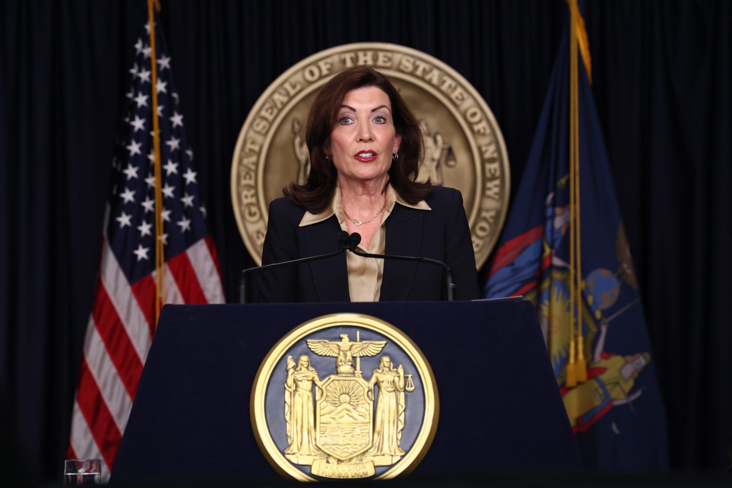 New York Gov. Kathy Hochul speaks during a press conference at her Manhattan office on Feb. 20, 2025 in New York City.
