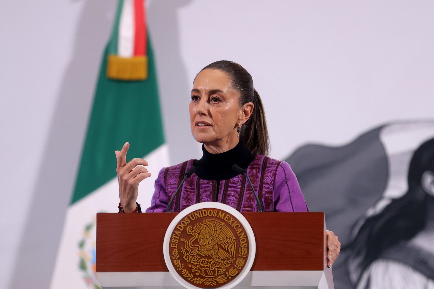 Mexican President Claudia Sheinbaum during the daily morning briefing at the National Palace on Thursday.