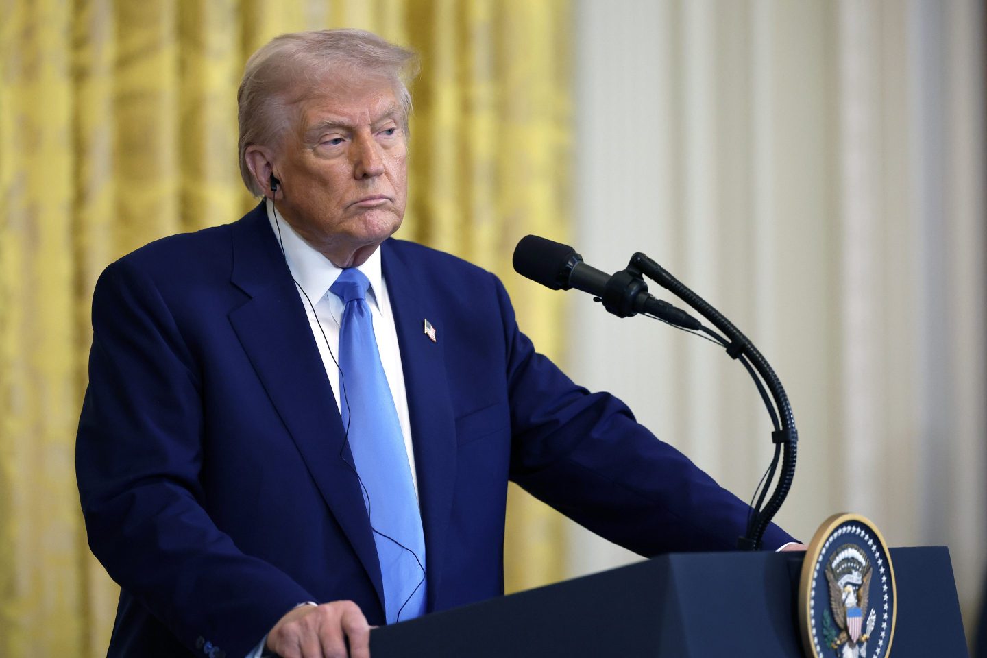 President Donald Trump delivers remarks during a joint press conference with French President Emmanuel Macron in the East Room at the White House on February 24, 2025 in Washington, DC. Macron is meeting with Trump in Washington on the third anniversary of Russia's full-scale military invasion of Ukraine.