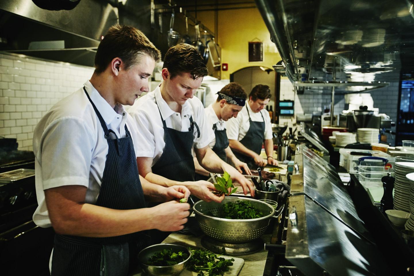 Young men working in kitchen.