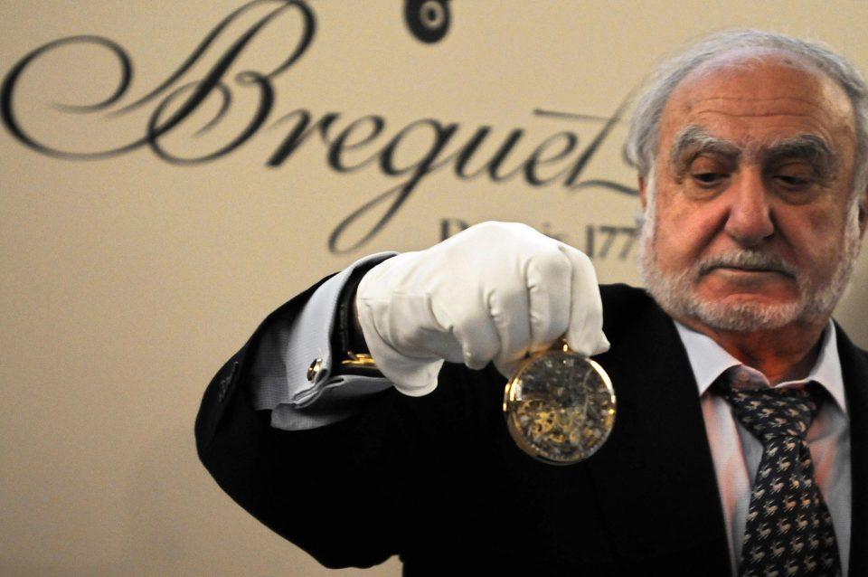 Swatch Group's Nicolas G. Hayek with a replica of Breguet's famous 