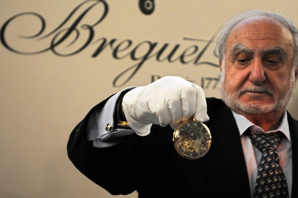 Swatch Group's Nicolas G. Hayek with a replica of Breguet's famous