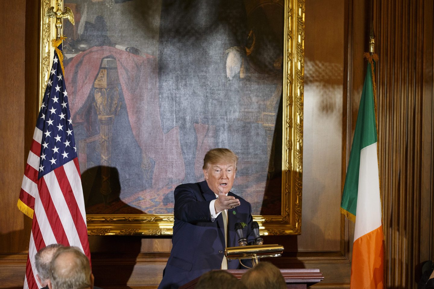 United States President Donald J. Trump speaks at the Friends of Ireland luncheon hosted by United States Speaker of the House of Representatives Paul Ryan, Republican of Wisconsin, at the United States Capitol March 15, 2018 in Washington, DC.