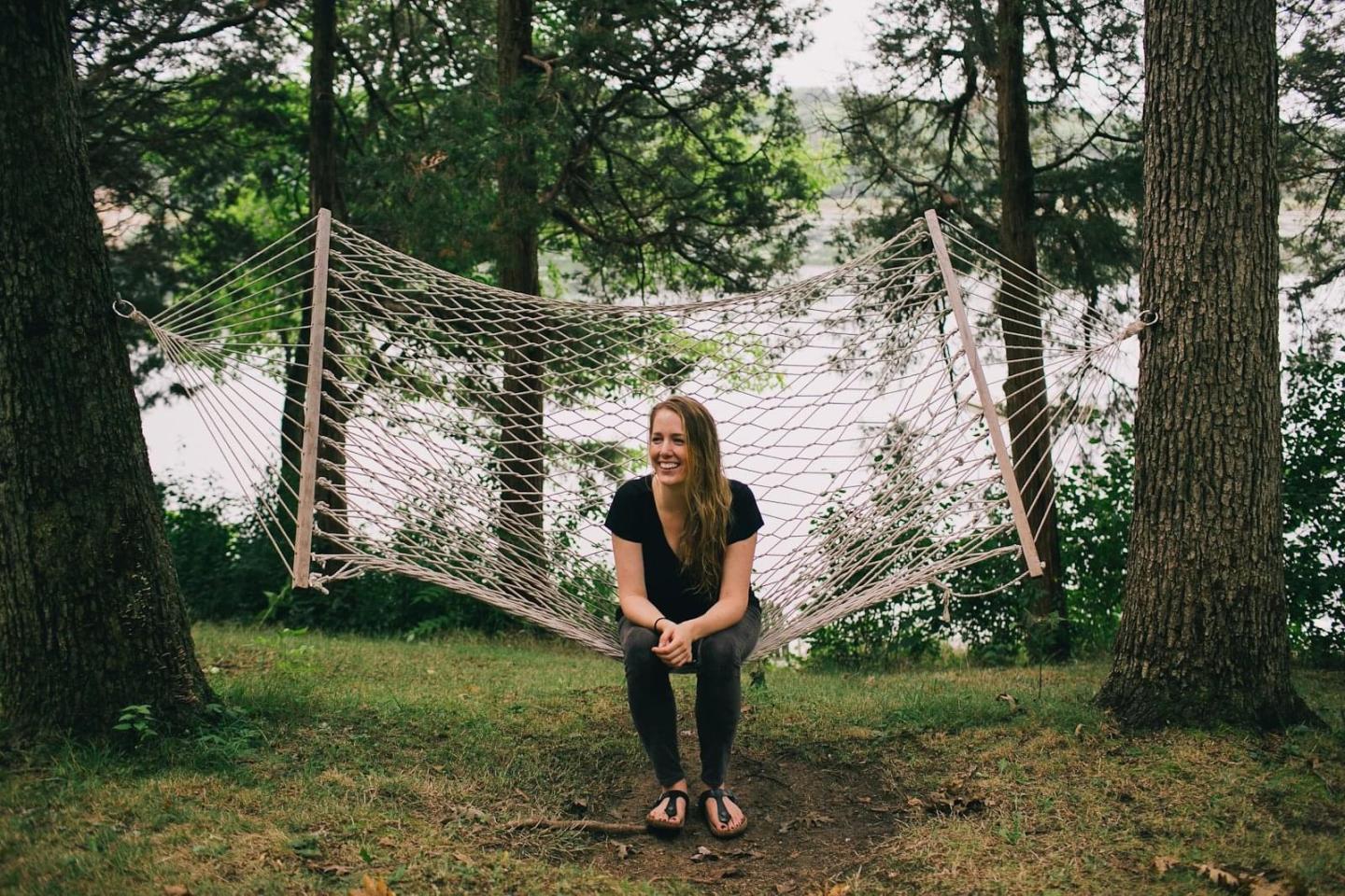 Kelly Stonelake sits on a hammock