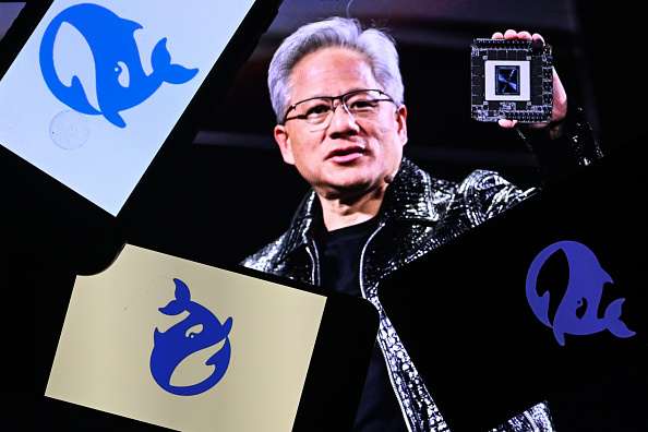 Nvidia CEO Jensen Huang holding an AI chip overlayed with pictures of the DeepSeek logo.