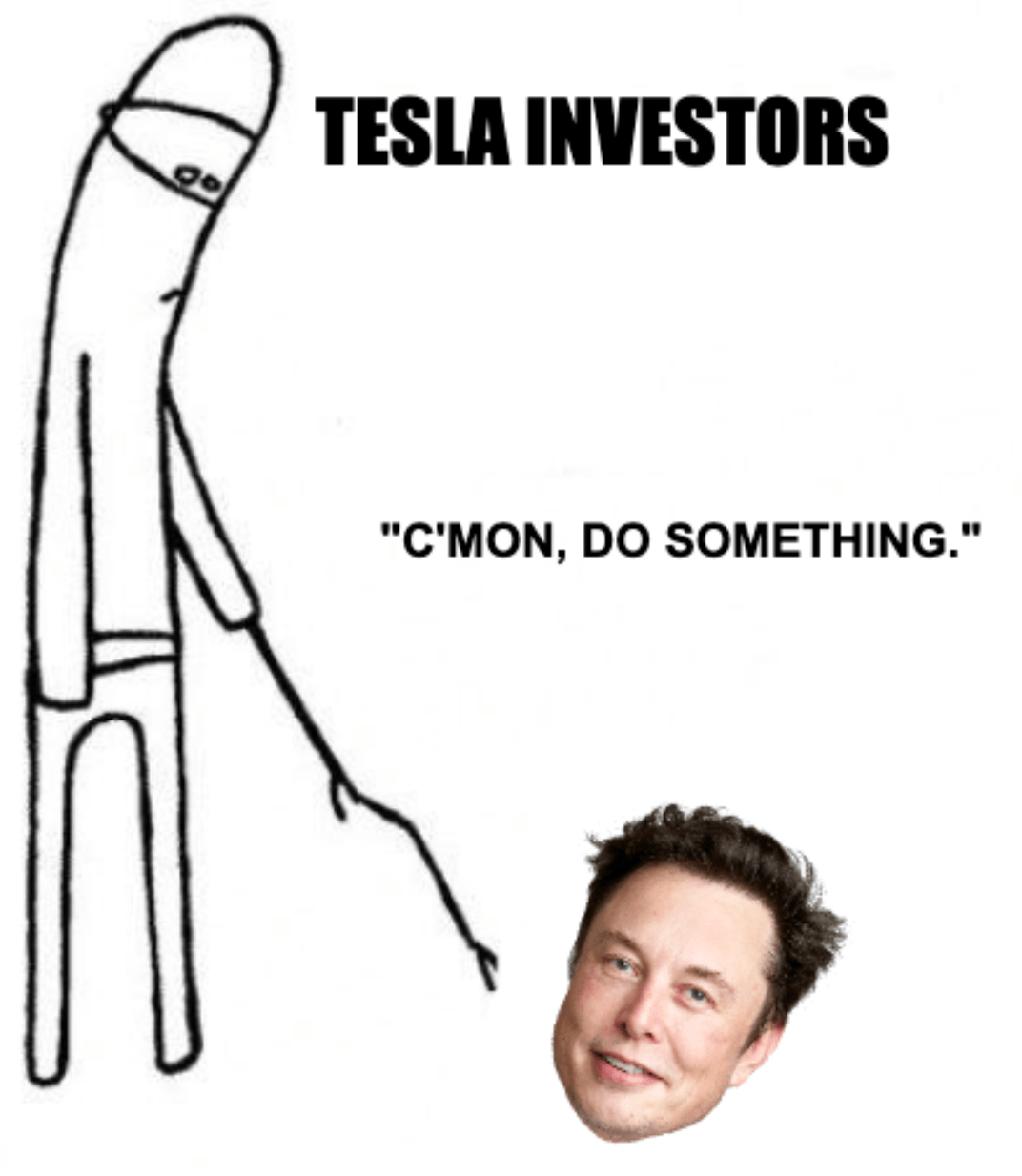 A meme of a cartoon person labeled "Tesla investors" using a stick to poke a headshot of Elon Musk with the caption, "C'mon, do something."