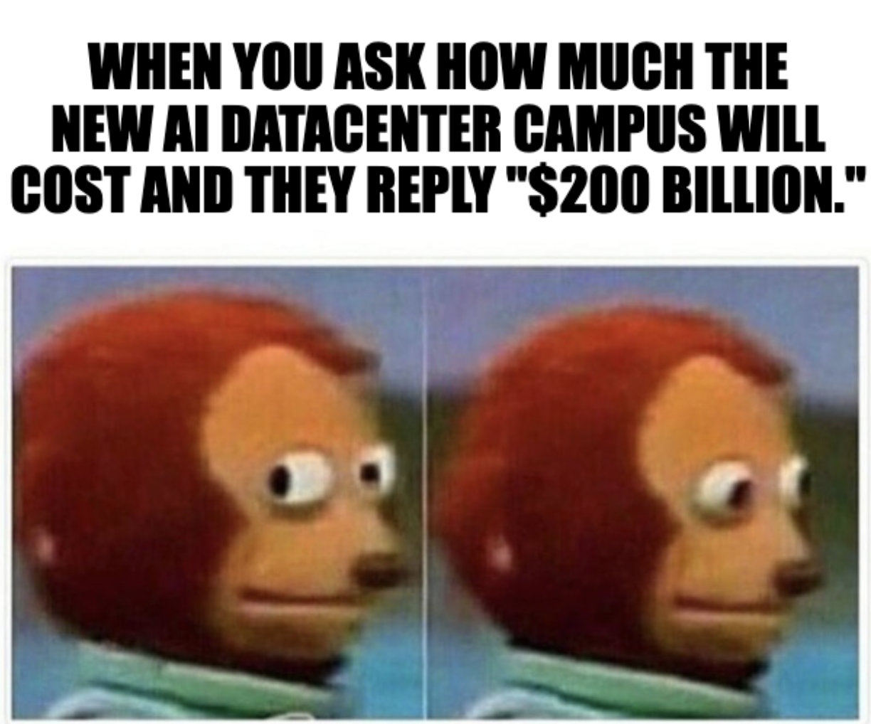 A meme of a monkey puppet looking nervously with the caption, "When you ask how much the new AI datacenter campus will cost and they reply, "$200 billion."