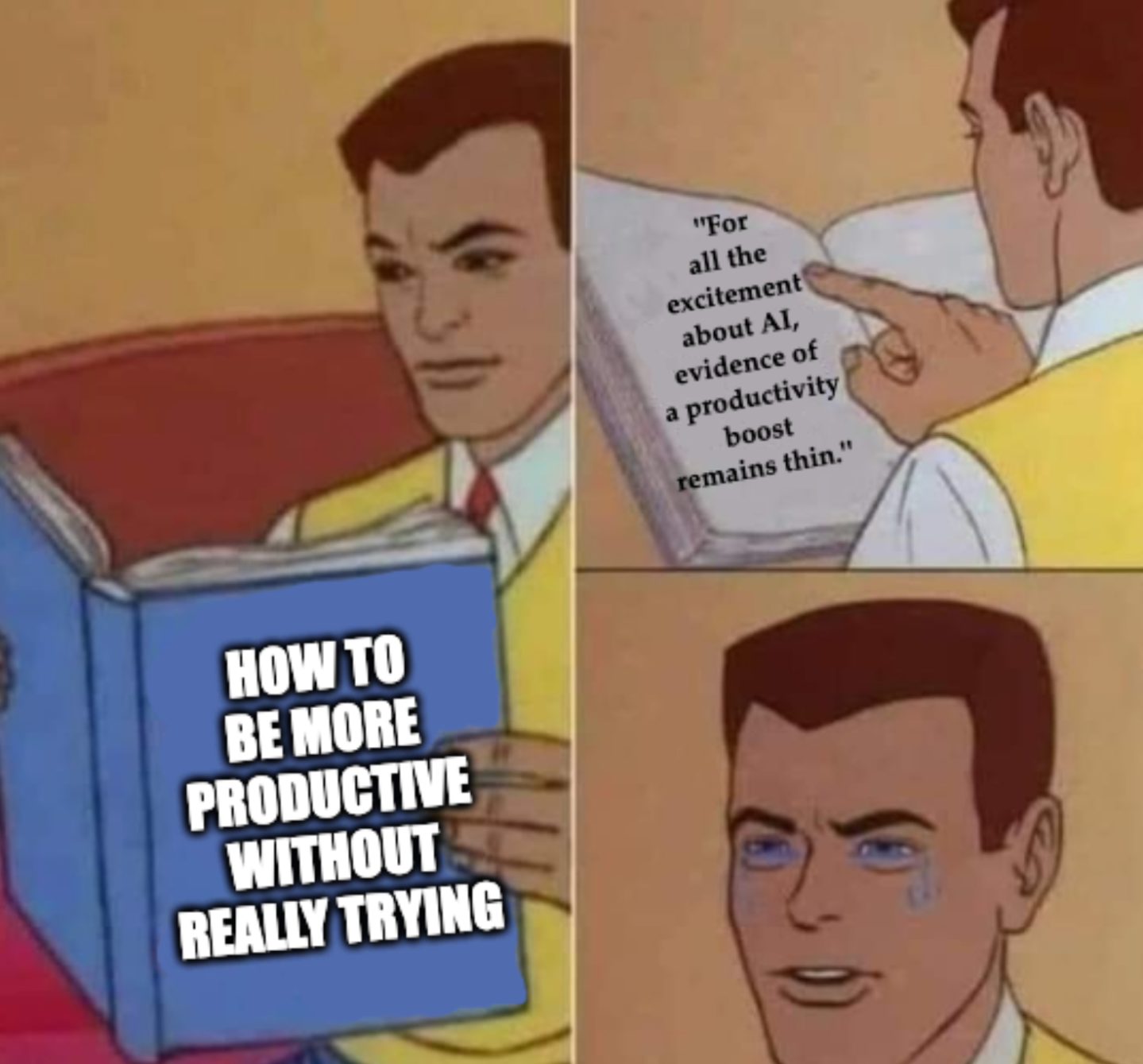 A meme of comic character Peter Parker reading a book with the title "How to be more productive without really trying" and then crying when the page says "For all the excitement about AI, evidence of a productivity boost remains thin."