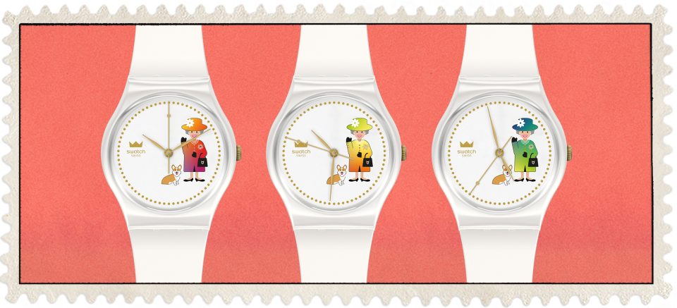 three white Swatch watches on a stamp like illustration