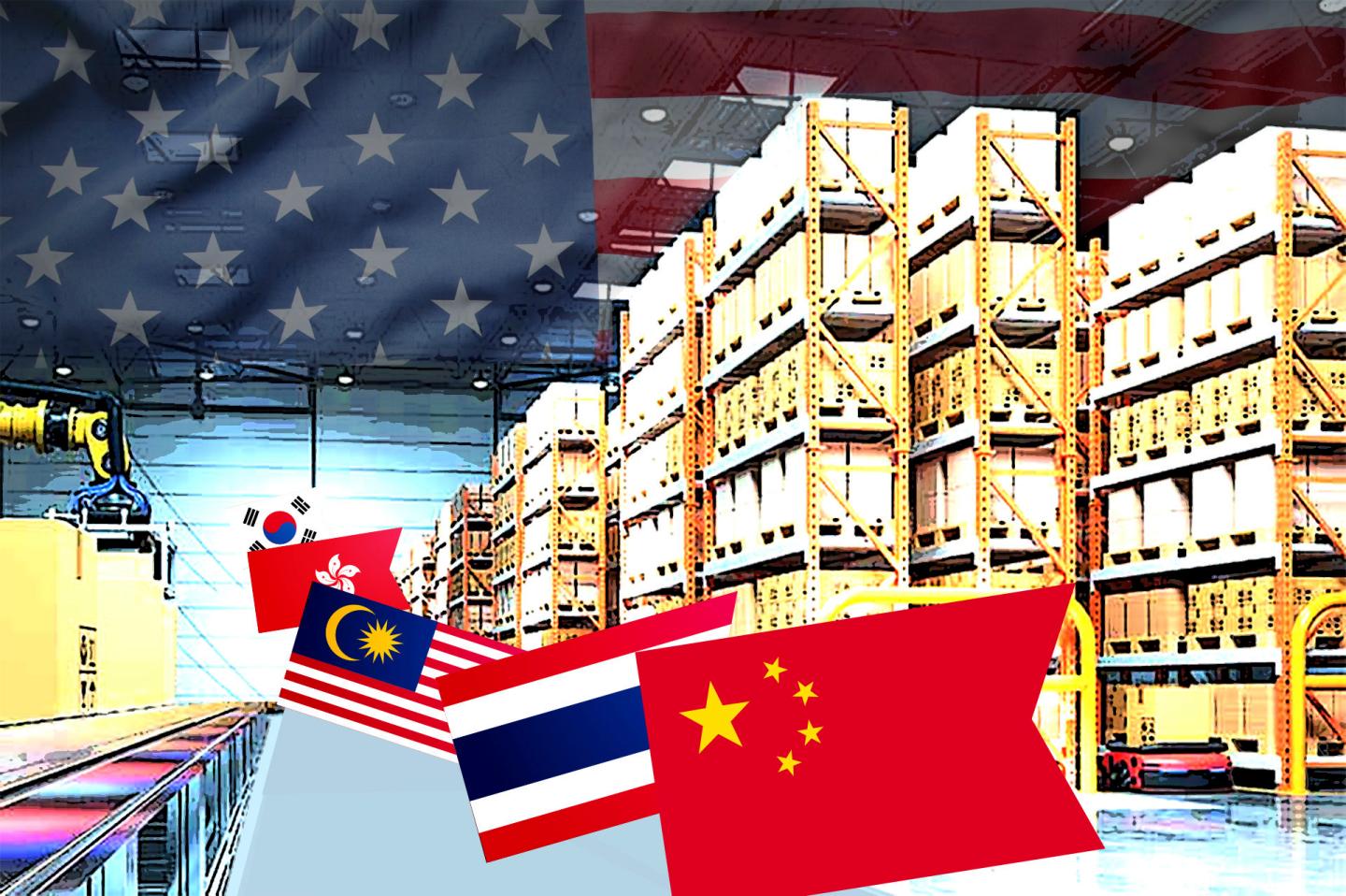 Asian flags strolling into a US warehouse