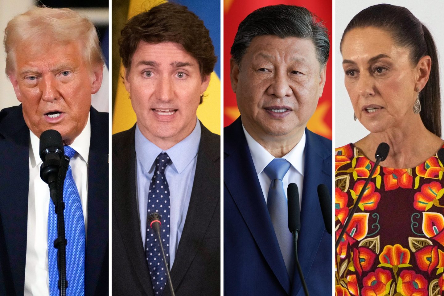 U.S. President Donald Trump in Palm Beach, Fla., Feb. 7, 2025, Canadian Prime Minister Justin Trudeau in Kyiv, Ukraine, June 10, 2023, China's President Xi Jinping in Brasilia, Brazil, Nov. 20, 2024, and Mexico's President Claudia Sheinbaum in Mexico City, June 27, 2024.