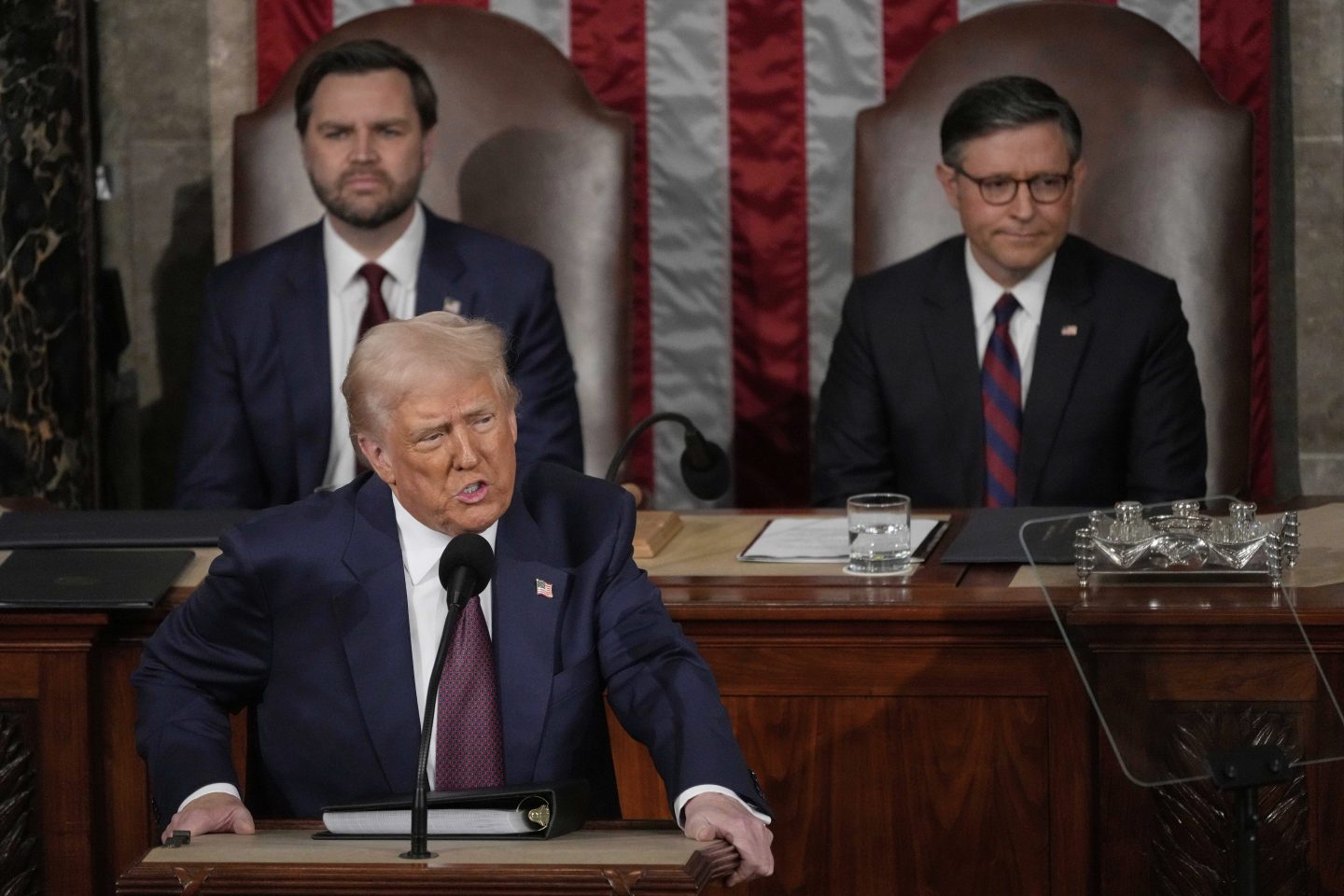 President Donald Trump addresses a joint session of Congress on March 4, 2025, as Vice President JD Vance and House Speaker Mike Johnson of La., listen.