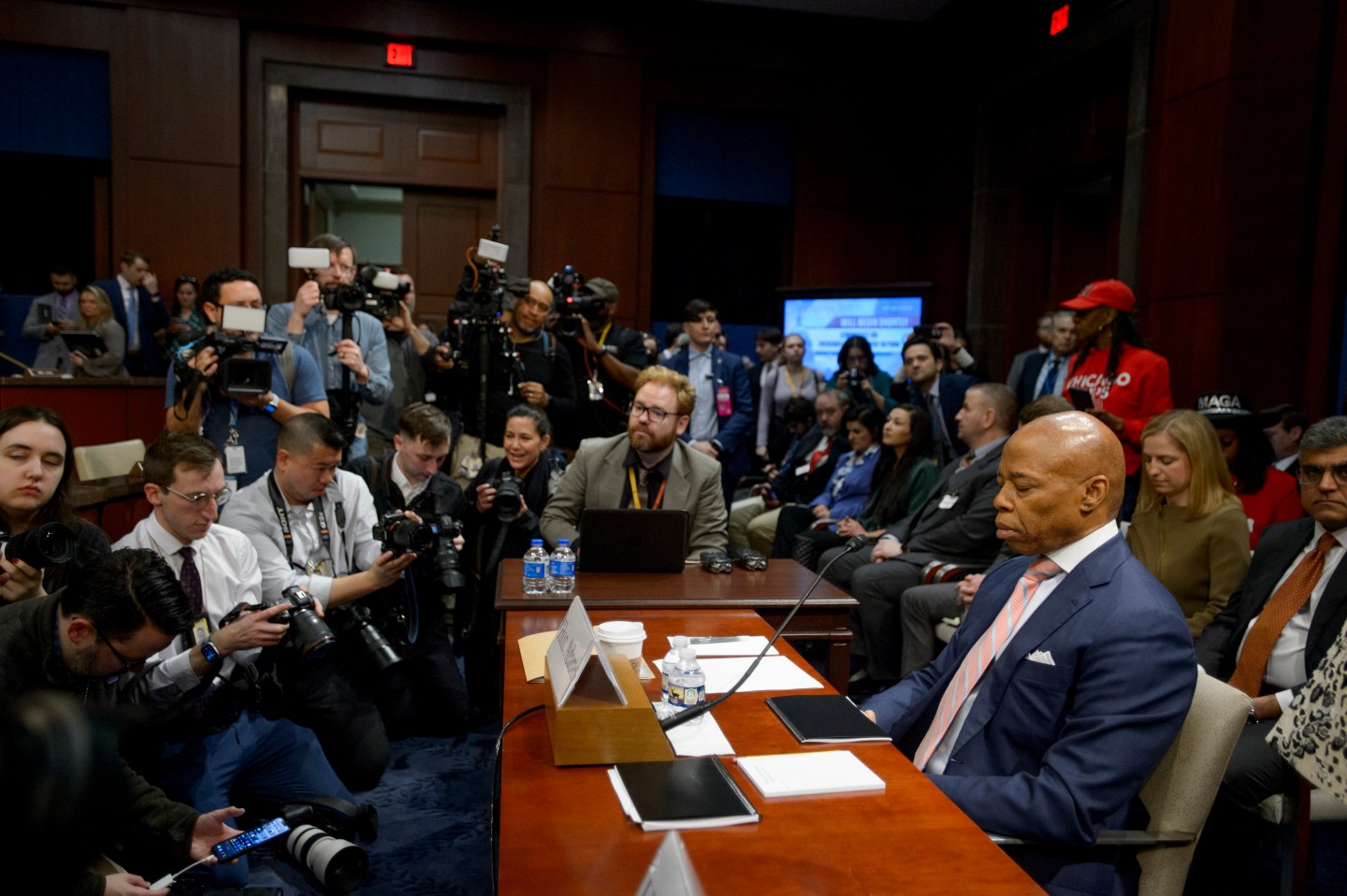 New York City Mayor Eric Adams takes his seat at the witness table during a House Committee on Oversight and Government Reform hearing with Sanctuary City Mayors on Capitol Hill, on March 5, 2025, in Washington.