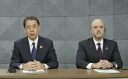 Outgoing Nissan CEO Makoto Uchida sits next to incoming CEO Ivan Espinosa