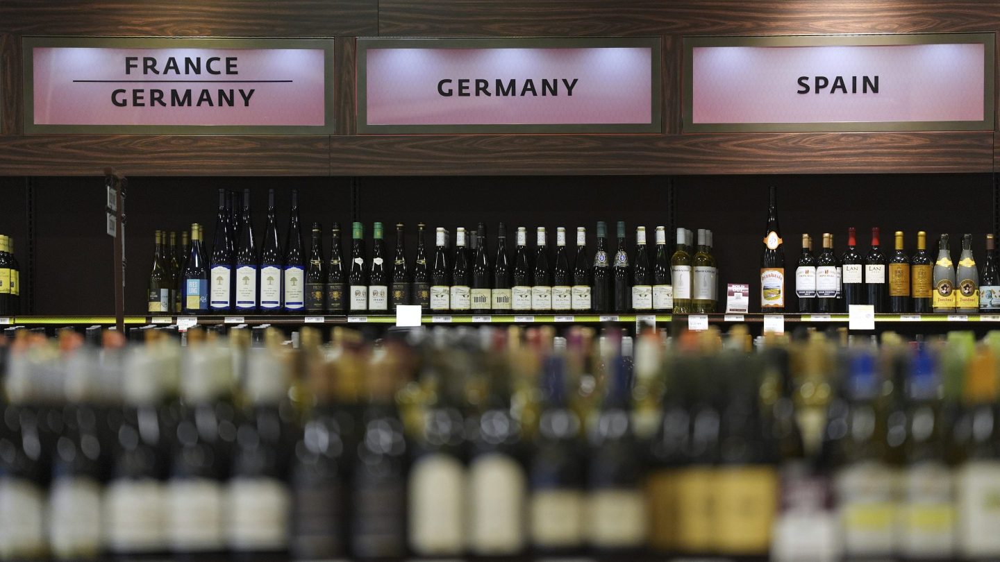 Shown is a display of French Germany and Spanish wines at a Pennsylvania Fine Wine & Good Spirits in Flourtown, Pa., on March 13, 2025.
