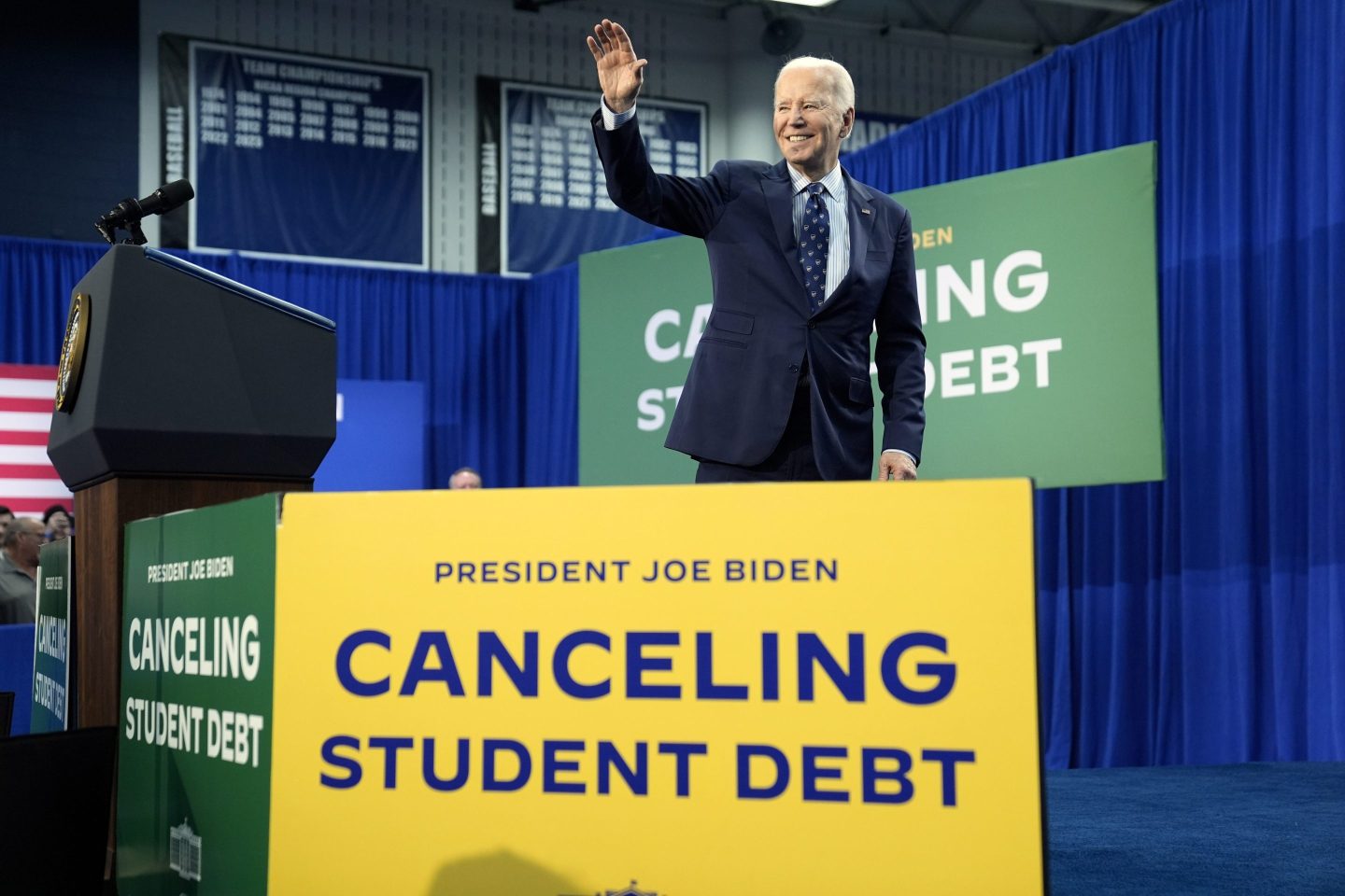 Then-President Joe Biden departs after delivering remarks on student loan debt at Madison College, on April 8, 2024, in Madison, Wis.