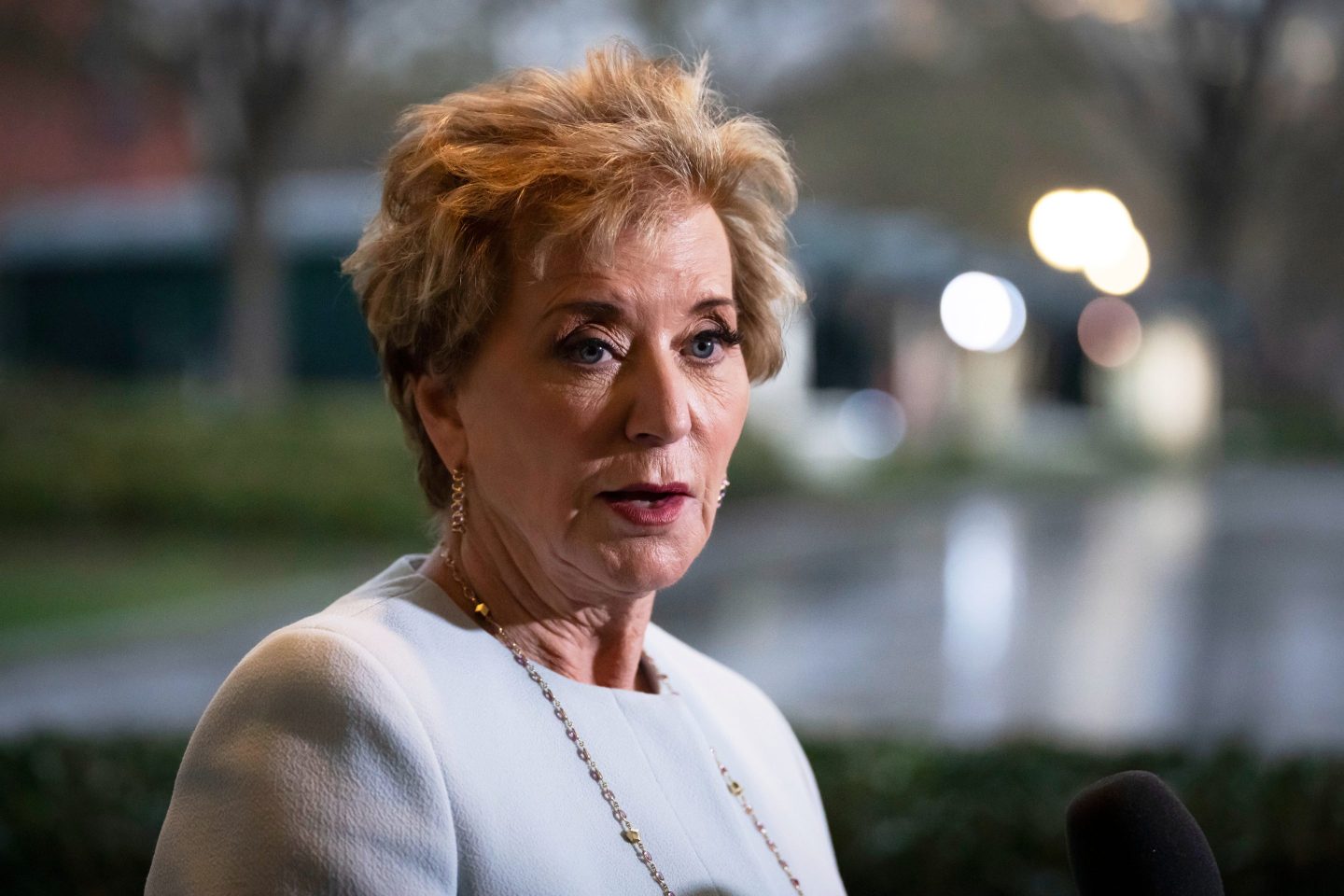 Secretary of Education Linda McMahon speaks to reporters at the White House on Thursday.