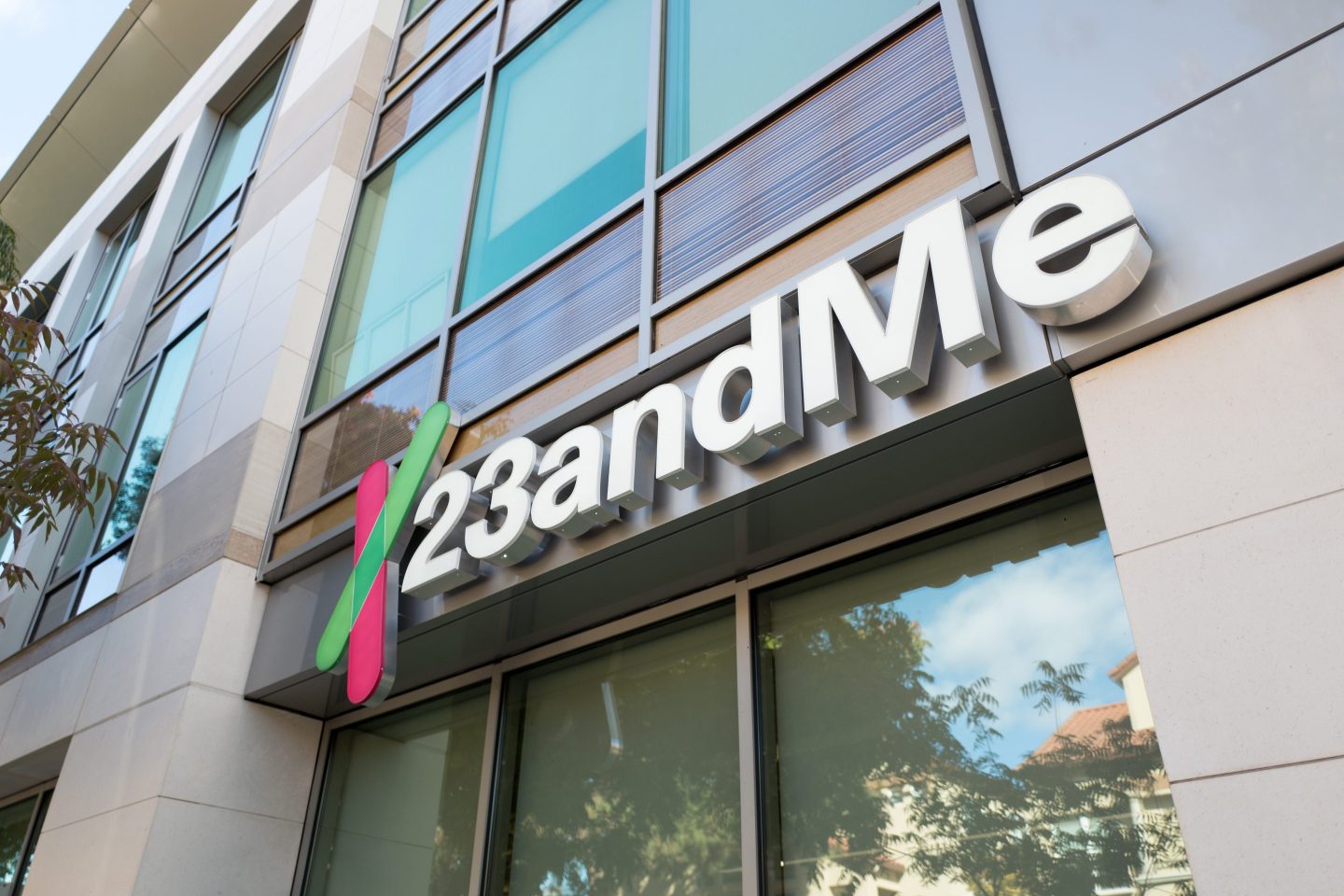 logo on facade of personal genomics company 23AndMe