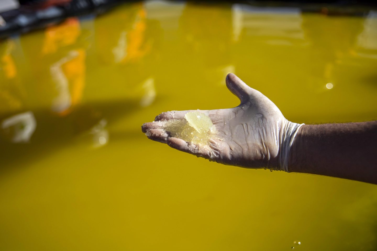 Traces of lithium concentrate held at a lithium mine in the Atacama Desert, Chile.
