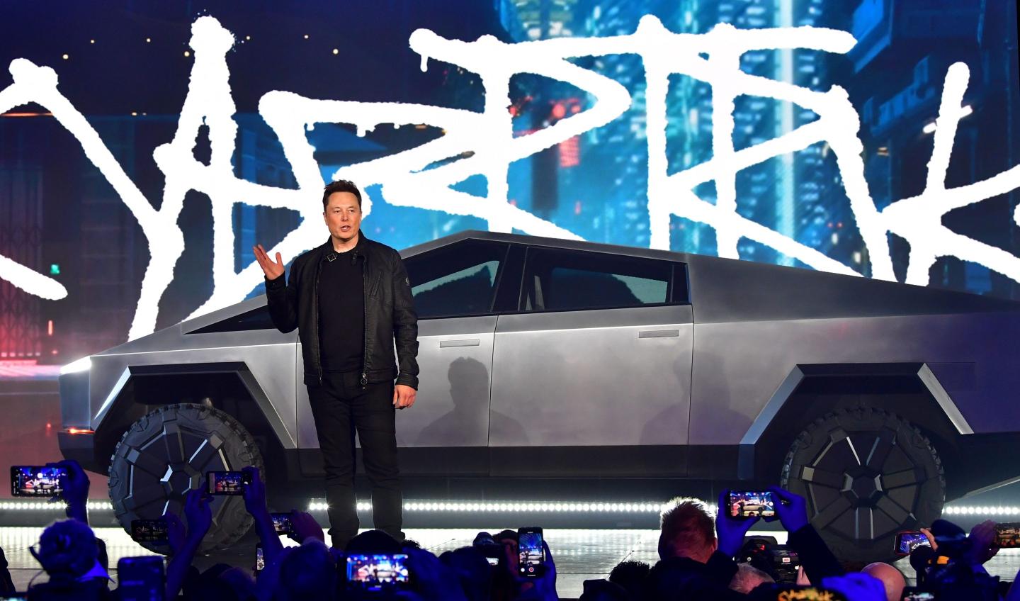 Tesla CEO Elon Musk introduces the newly unveiled Cybertruck in 2019.