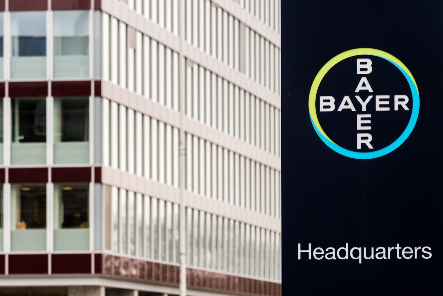 A Bayer AG logo sits on display outside the company's headquarters