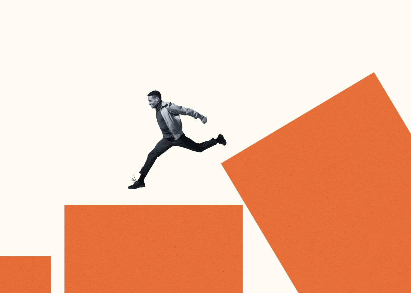 A man hopping from one block to the next to show a change of decision.