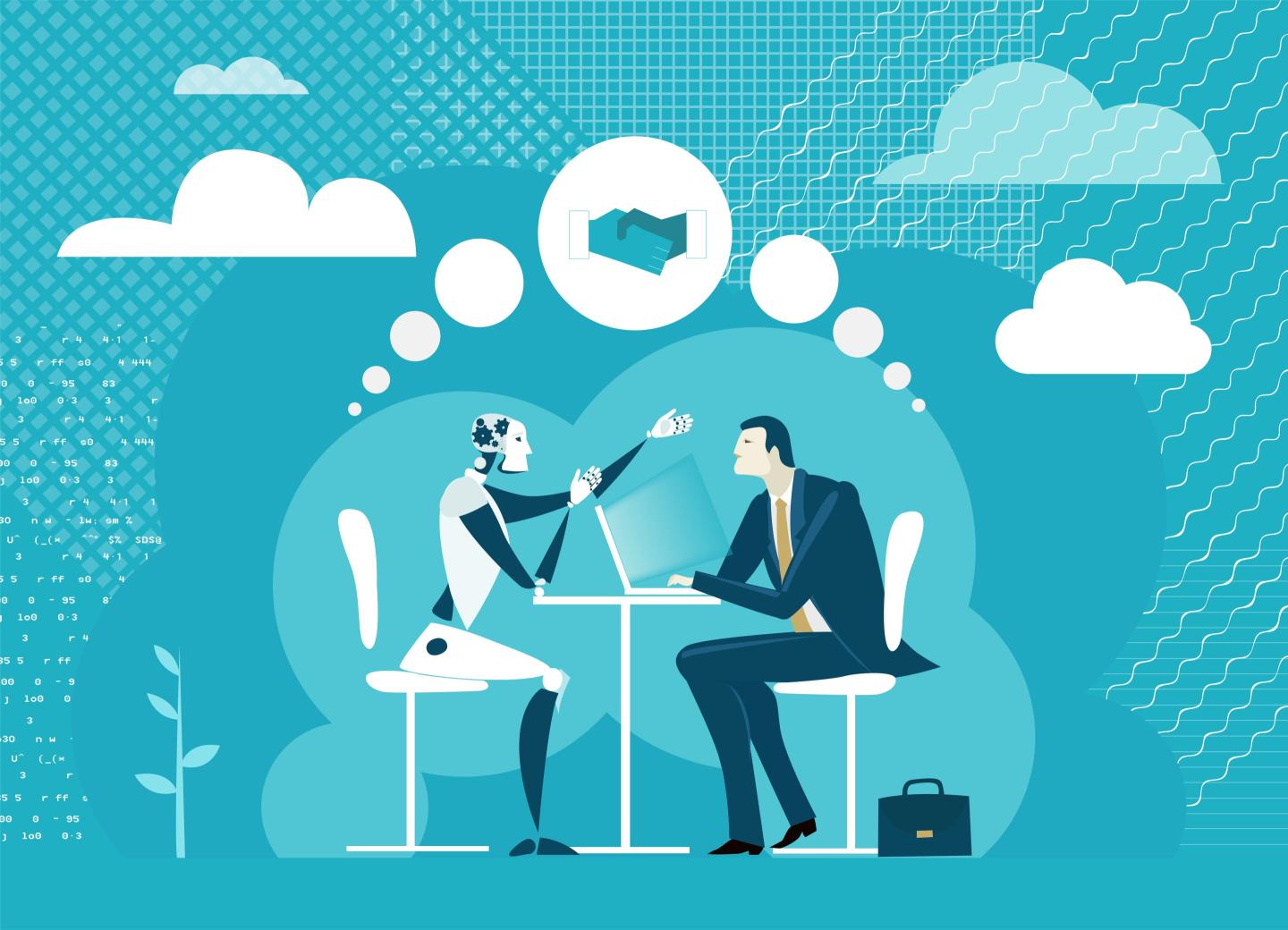Businessman sharing ideas with AI robot