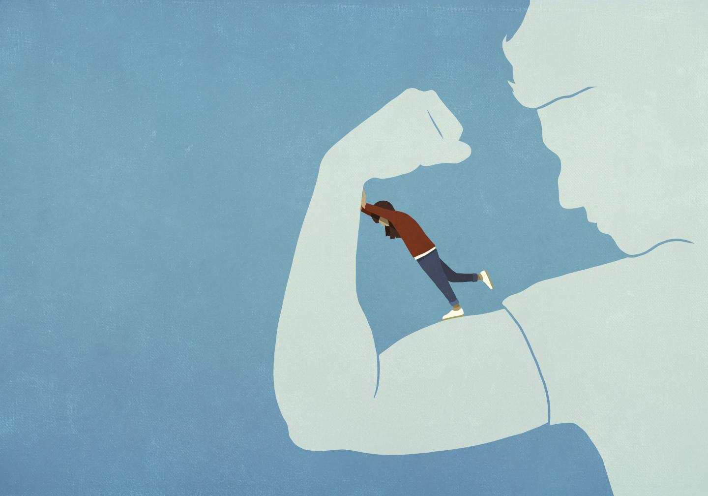 An image of a woman resisting the flexing biceps of man to show power dynamic struggles.
