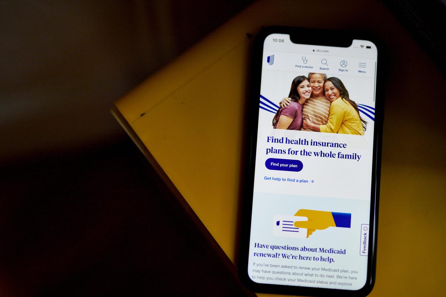 The UnitedHealth website on a smartphone.