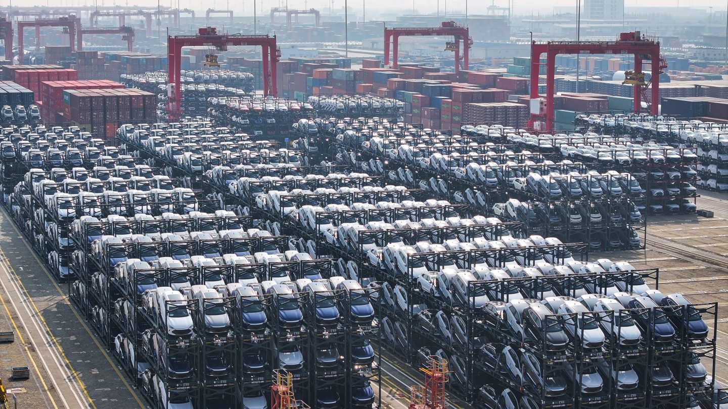 BYD electric cars waiting to be loaded onto a ship at Taicang Port in Suzhou, China.