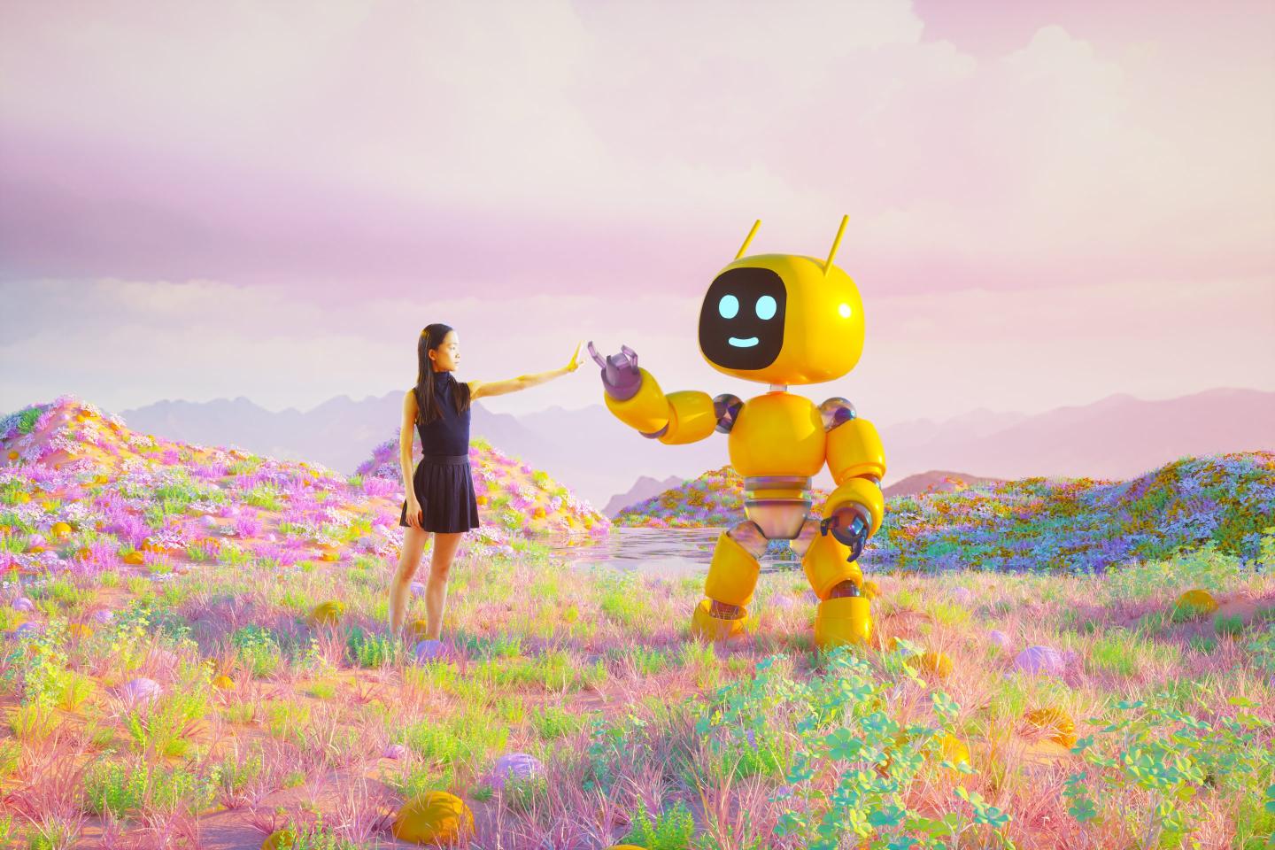 woman and robot join hands in a field of flowers