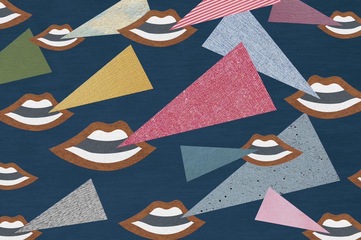 An artistic collage of mouths and triangles to indicate lots of people speaking.
